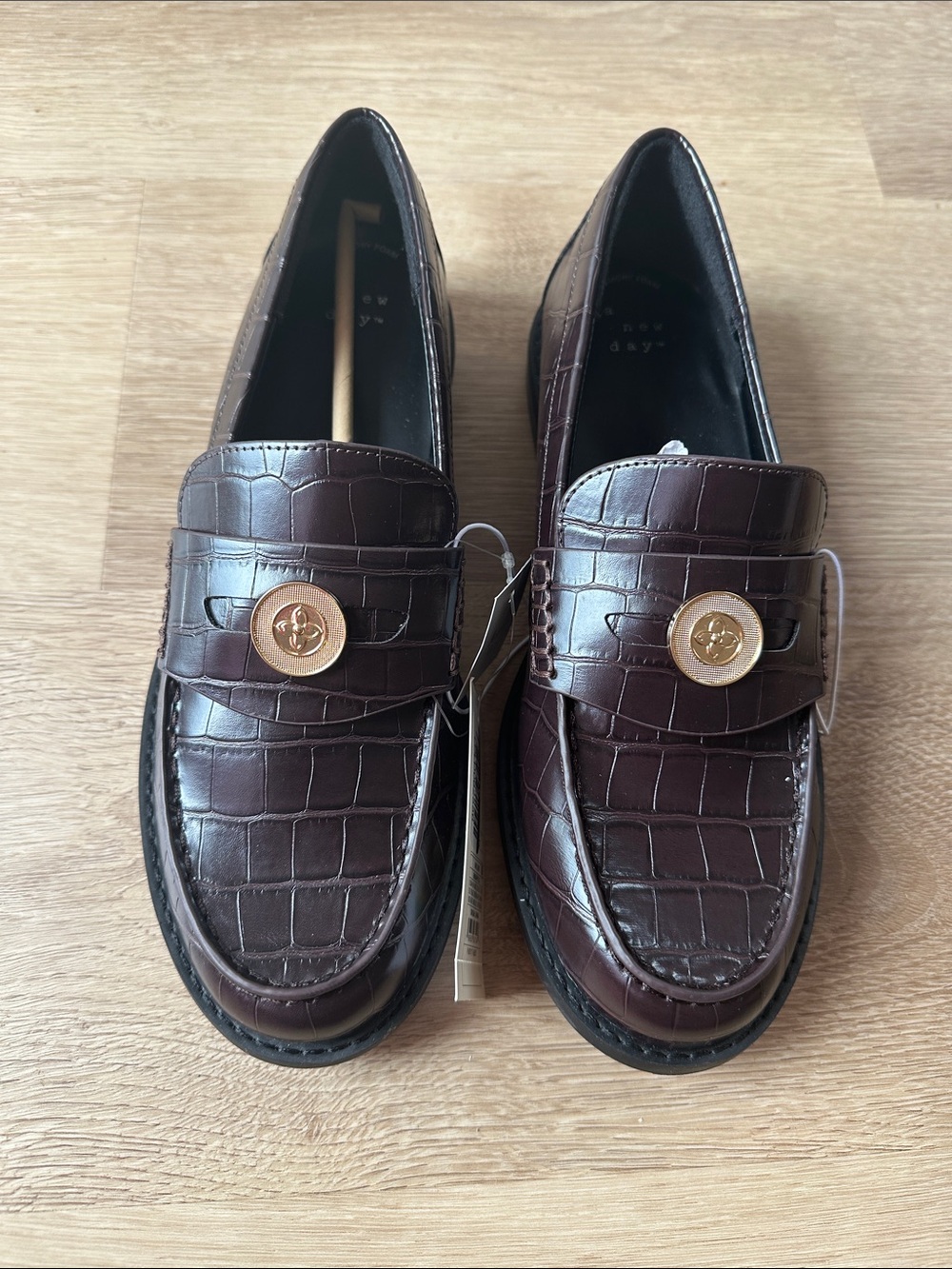 a new day Croc-Embossed Penny Loafers in Dark Brown with Gold Medallion